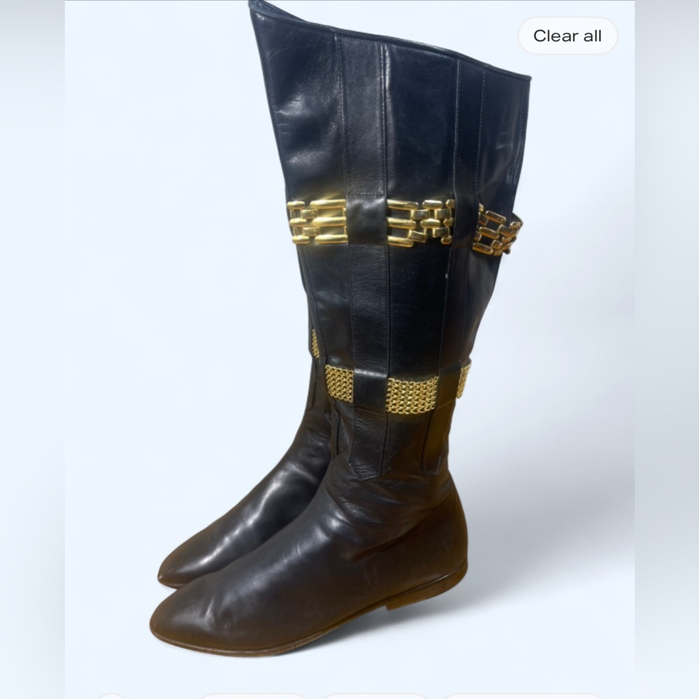 Over-the-Knee Black Leather Boots with Gold Chain Trim